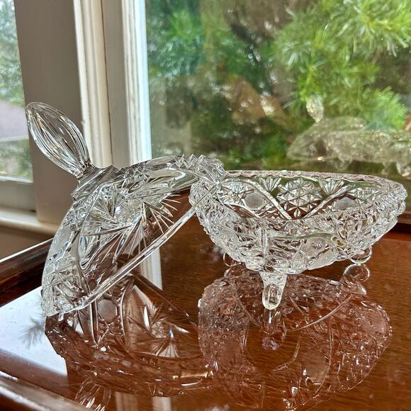 Vintage Leaded Cut Crystal Footed Compote Candy Dish with Lid - Picture 5 of 16